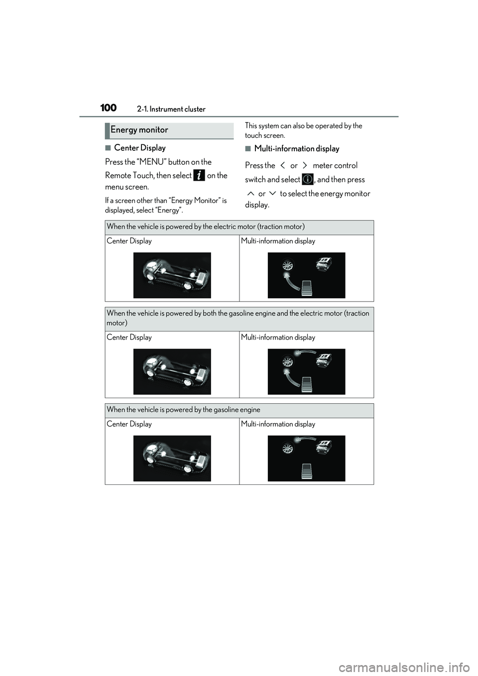 LEXUS RX450h 2022 User Guide 1002-1. Instrument cluster
■Center Display
Press the “MENU” button on the
Remote Touch, then select on the
menu screen.
If a screen other than “Energy Monitor” is
displayed, select “E LEXUS RX450h 2022 User Guide 1002-1. Instrument cluster
■Center Display
Press the “MENU” button on the
Remote Touch, then select on the
menu screen.
If a screen other than “Energy Monitor” is
displayed, select “E
