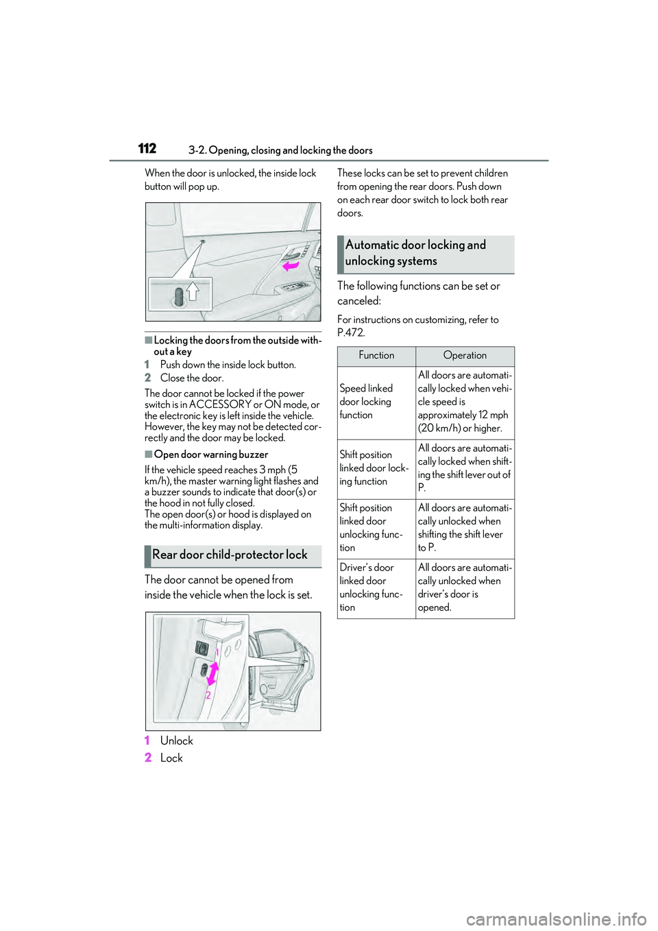 LEXUS RX450h 2022 Owners Manual 1123-2. Opening, closing and locking the doors
When the door is unlocked, the inside lock
button will pop up.
■Locking the doors from the outside with-
out a key
1 Push down the inside lock button. LEXUS RX450h 2022 Owners Manual 1123-2. Opening, closing and locking the doors
When the door is unlocked, the inside lock
button will pop up.
■Locking the doors from the outside with-
out a key
1 Push down the inside lock button.
