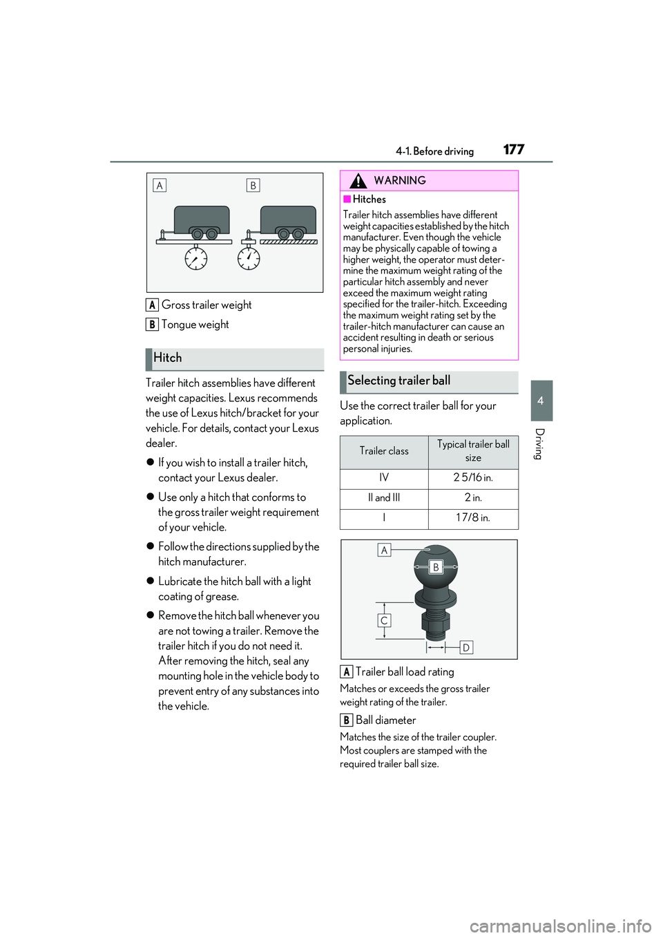 LEXUS RX450h 2022  Owners Manual 1774-1. Before driving
4
Driving
Gross trailer weight
Tongue weight
Trailer hitch assemblies have different 
weight capacities. Lexus recommends 
the use of Lexus hitch/bracket for your 
vehicle. For 
