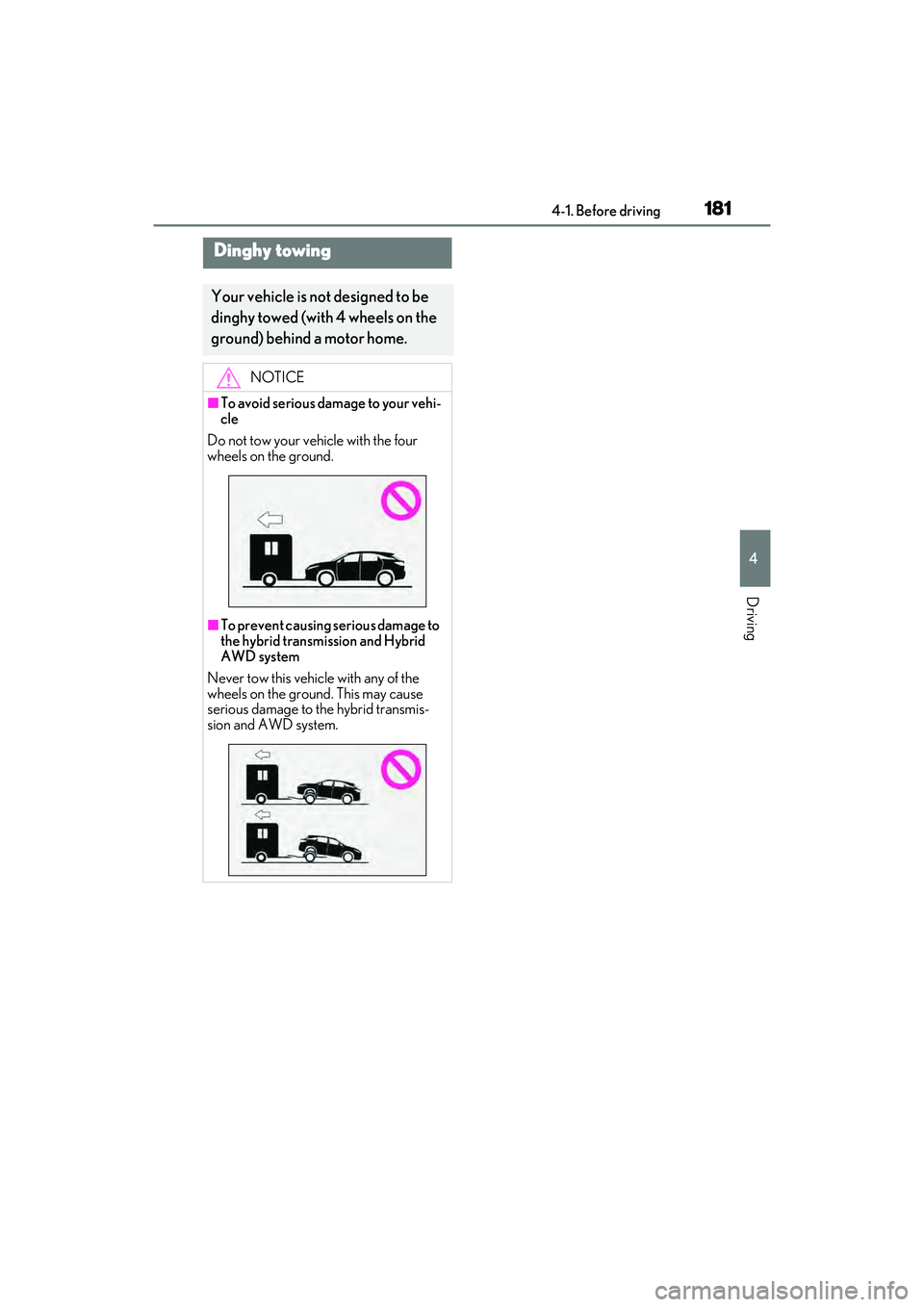 LEXUS RX450h 2022  Owners Manual 1814-1. Before driving
4
Driving
Dinghy towing
Your vehicle is not designed to be 
dinghy towed (with 4 wheels on the 
ground) behind a motor home.
NOTICE
■To avoid serious damage to your vehi-
cle
