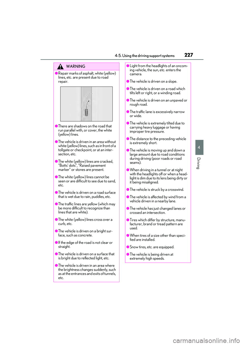 LEXUS RX450h 2022 Owners Manual 2274-5. Using the driving support systems
4
Driving
WARNING
●Repair marks of asphalt, white (yellow)
lines, etc. are present due to road
repair.
●There are shadows on the road that
run parallel LEXUS RX450h 2022 Owners Manual 2274-5. Using the driving support systems
4
Driving
WARNING
●Repair marks of asphalt, white (yellow)
lines, etc. are present due to road
repair.
●There are shadows on the road that
run parallel