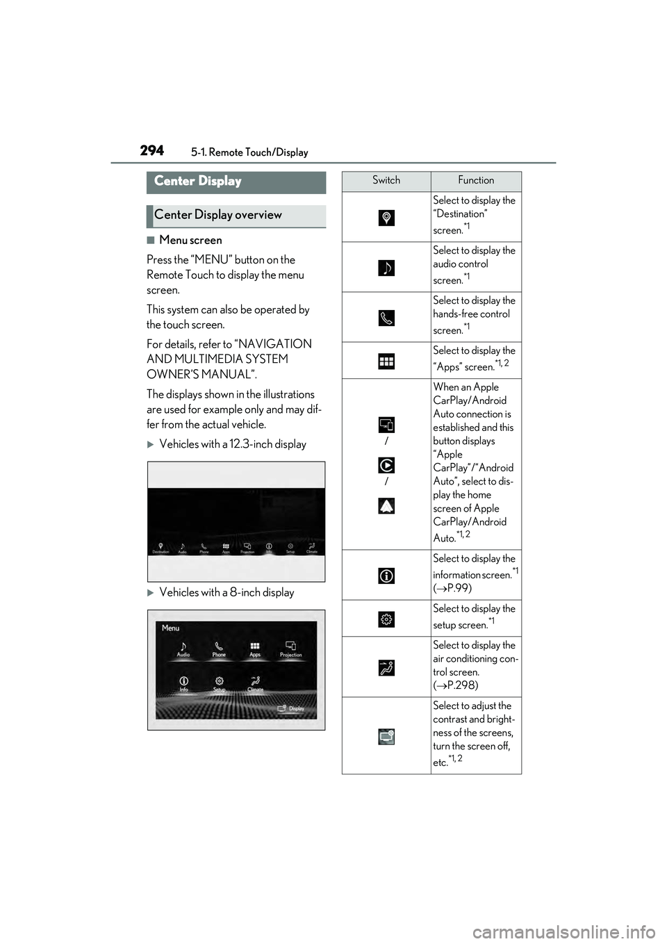 LEXUS RX450h 2022 Owners Manual 2945-1. Remote Touch/Display
■Menu screen
Press the “MENU” button on the
Remote Touch to display the menu
screen.
This system can also be operated by
the touch screen.
For details, refer to LEXUS RX450h 2022 Owners Manual 2945-1. Remote Touch/Display
■Menu screen
Press the “MENU” button on the
Remote Touch to display the menu
screen.
This system can also be operated by
the touch screen.
For details, refer to