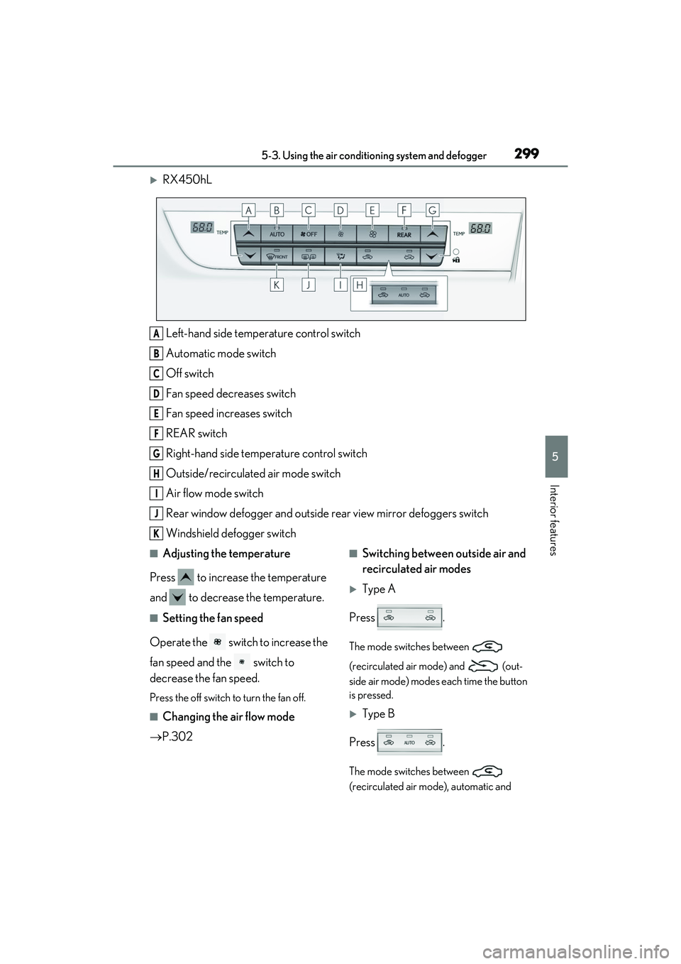 LEXUS RX450h 2022 Owners Manual 2995-3. Using the air conditioning system and defogger
5
Interior features
RX450hL
Left-hand side temperature control switch
Automatic mode switch
Off switch
Fan speed decreases switch
Fan speed in LEXUS RX450h 2022 Owners Manual 2995-3. Using the air conditioning system and defogger
5
Interior features
RX450hL
Left-hand side temperature control switch
Automatic mode switch
Off switch
Fan speed decreases switch
Fan speed in