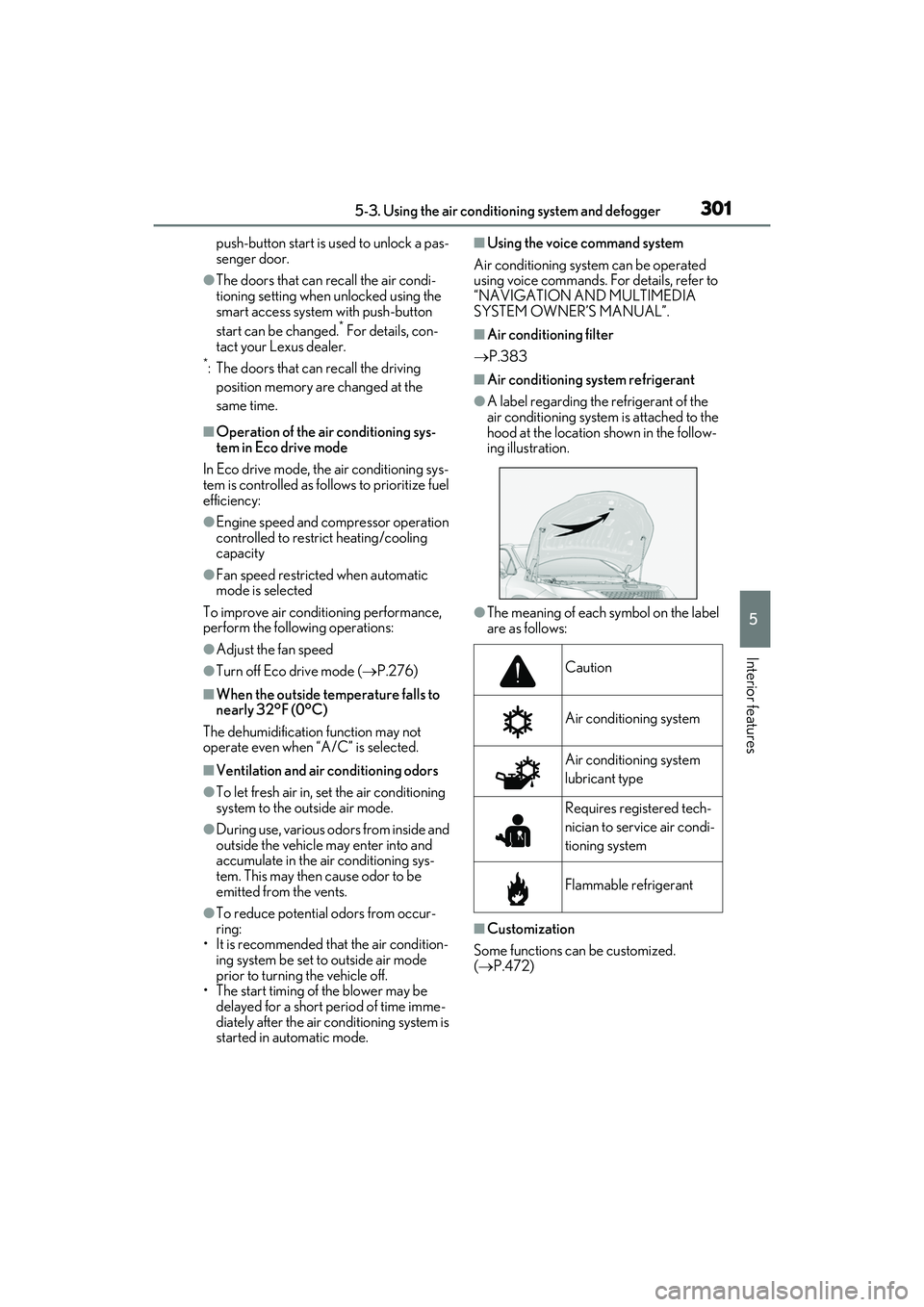 LEXUS RX450h 2022 Owners Guide 3015-3. Using the air conditioning system and defogger
5
Interior features
push-button start is used to unlock a pas-
senger door.
●The doors that can recall the air condi-
tioning setting when unlo LEXUS RX450h 2022 Owners Guide 3015-3. Using the air conditioning system and defogger
5
Interior features
push-button start is used to unlock a pas-
senger door.
●The doors that can recall the air condi-
tioning setting when unlo
