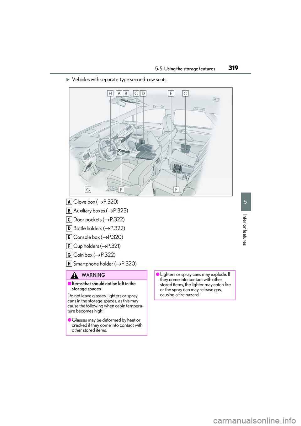 LEXUS RX450h 2022 Owners Manual 3195-5. Using the storage features
5
Interior features
Vehicles with separate-type second-row seatsGlove box ( P.320)
Auxiliary boxes ( P.323)
Door pockets ( P.322)
Bottle holders ( P.3 LEXUS RX450h 2022 Owners Manual 3195-5. Using the storage features
5
Interior features
Vehicles with separate-type second-row seatsGlove box ( P.320)
Auxiliary boxes ( P.323)
Door pockets ( P.322)
Bottle holders ( P.3