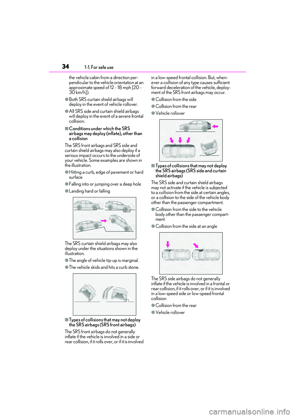 LEXUS RX450h 2022 Owners Guide 341-1. For safe use
the vehicle cabin from a direction per-
pendicular to the vehicle orientation at an 
approximate speed of 12 - 18 mph [20 - 
30 km/h]).
●Both SRS curtain shield airbags will 
dep