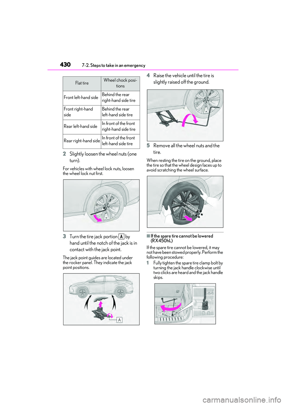LEXUS RX450h 2022 User Guide 4307-2. Steps to take in an emergency
2Slightly loosen the wheel nuts (one 
turn).
For vehicles with wheel lock nuts, loosen 
the wheel lock nut first.
3Turn the tire jack portion   by 
hand until the