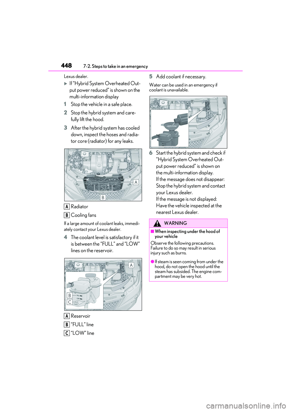 LEXUS RX450h 2022 User Guide 4487-2. Steps to take in an emergency
Lexus dealer.
If “Hybrid System Overheated Out-
put power reduced” is shown on the
multi-information display
1 Stop the vehicle in a safe place.
2 Stop th LEXUS RX450h 2022 User Guide 4487-2. Steps to take in an emergency
Lexus dealer.
If “Hybrid System Overheated Out-
put power reduced” is shown on the
multi-information display
1 Stop the vehicle in a safe place.
2 Stop th