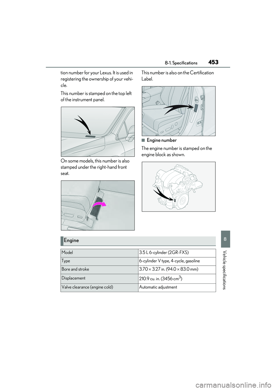 LEXUS RX450h 2022 Repair Manual 4538-1. Specifications
8
Vehicle specifications
tion number for your Lexus. It is used in
registering the ownership of your vehi-
cle.
This number is stamped on the top left
of the instrument panel. LEXUS RX450h 2022 Repair Manual 4538-1. Specifications
8
Vehicle specifications
tion number for your Lexus. It is used in
registering the ownership of your vehi-
cle.
This number is stamped on the top left
of the instrument panel.
