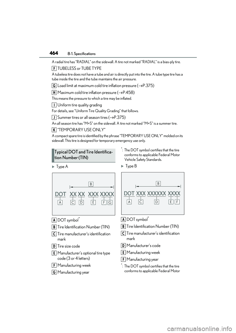 LEXUS RX450h 2022 Owners Manual 4648-1. Specifications
A radial tire has “RADIAL” on the sidewall. A tire not marked “RADIAL” is a bias-ply tire.
TUBELESS or TUBE TYPE
A tubeless tire does not have a tube and air is directl LEXUS RX450h 2022 Owners Manual 4648-1. Specifications
A radial tire has “RADIAL” on the sidewall. A tire not marked “RADIAL” is a bias-ply tire.
TUBELESS or TUBE TYPE
A tubeless tire does not have a tube and air is directl