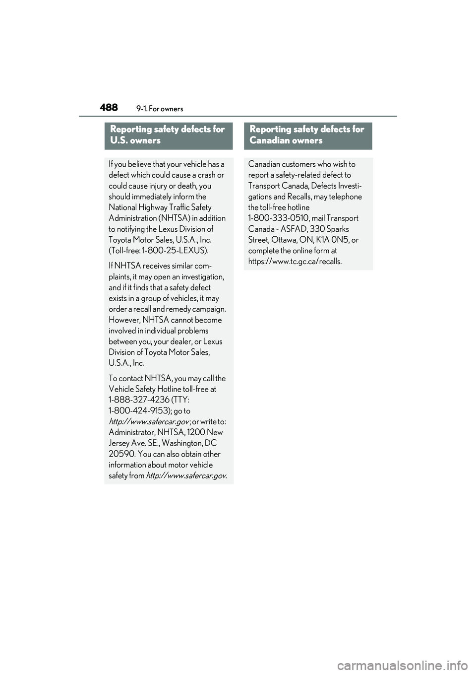 LEXUS RX450h 2022 Owners Manual 4889-1. For owners
9-1.For owners
Reporting safety defects for
U.S. owners
If you believe that your vehicle has a
defect which could cause a crash or
could cause injury or death, you
should immedi LEXUS RX450h 2022 Owners Manual 4889-1. For owners
9-1.For owners
Reporting safety defects for
U.S. owners
If you believe that your vehicle has a
defect which could cause a crash or
could cause injury or death, you
should immedi