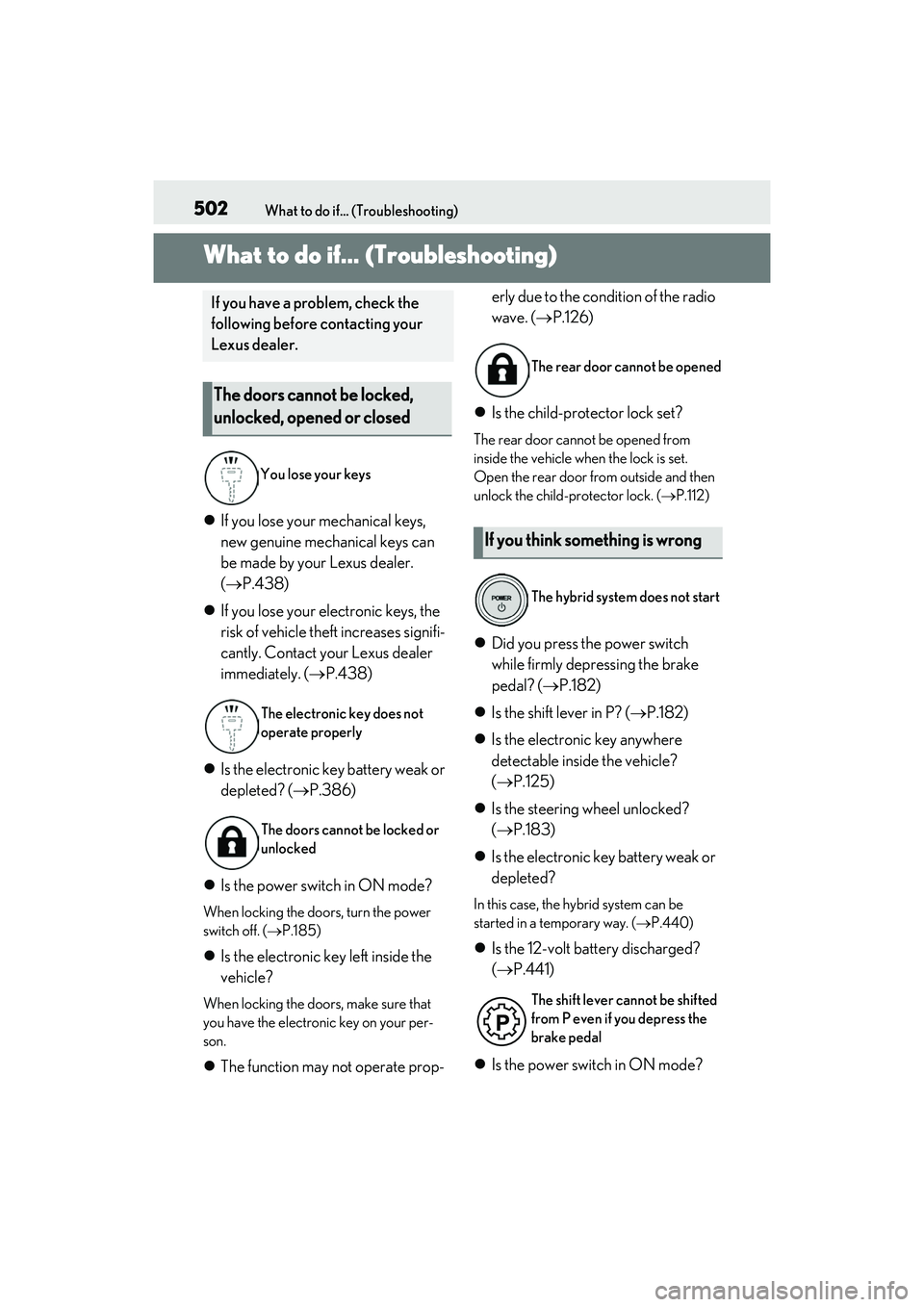 LEXUS RX450h 2022 Owners Manual 502What to do if... (Troubleshooting)
1-1.What to do if... (Troubleshooting)What to do if... (Troubleshooting)
If you lose your mechanical keys,
new genuine mechanical keys can
be made by your Le LEXUS RX450h 2022 Owners Manual 502What to do if... (Troubleshooting)
1-1.What to do if... (Troubleshooting)What to do if... (Troubleshooting)
If you lose your mechanical keys,
new genuine mechanical keys can
be made by your Le