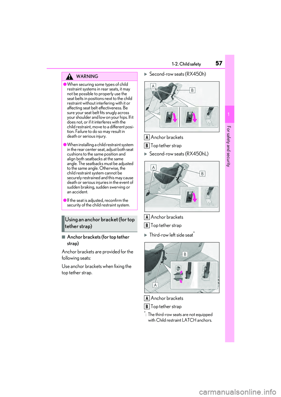 LEXUS RX450h 2022 Workshop Manual 571-2. Child safety
1
For safety and security
■Anchor brackets (for top tether
strap)
Anchor brackets are provided for the
following seats:
Use anchor brackets when fixing the
top tether strap.
LEXUS RX450h 2022 Workshop Manual 571-2. Child safety
1
For safety and security
■Anchor brackets (for top tether
strap)
Anchor brackets are provided for the
following seats:
Use anchor brackets when fixing the
top tether strap.