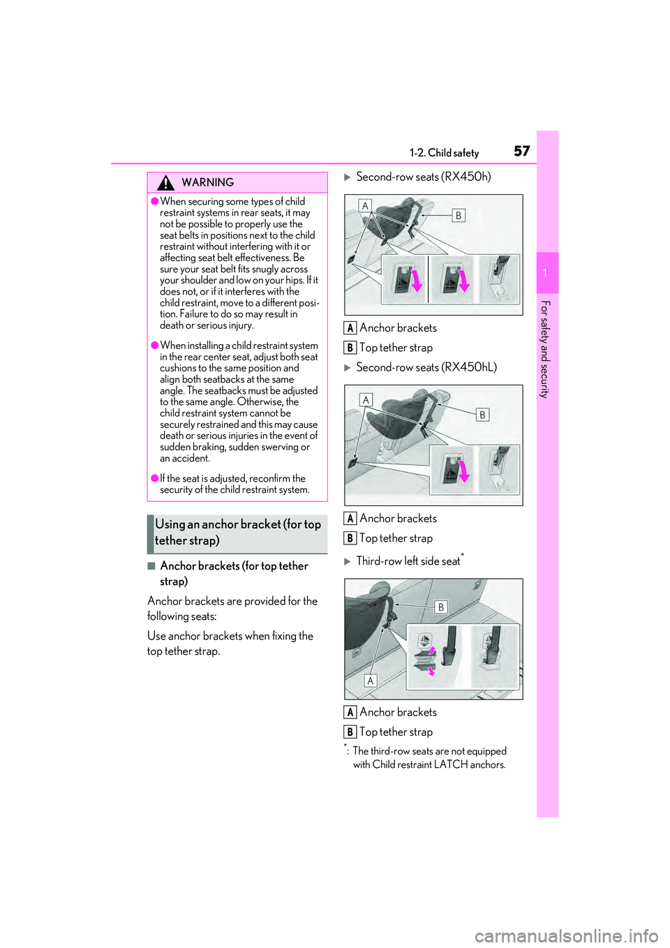 LEXUS RX450h 2022 Owners Guide 571-2. Child safety
1
For safety and security
■Anchor brackets (for top tether 
strap)
Anchor brackets are provided for the 
following seats:
Use anchor brackets when fixing the 
top tether strap.
�