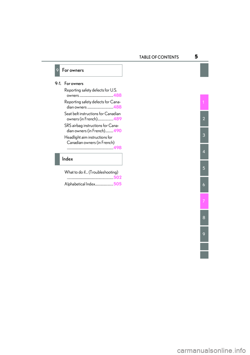 LEXUS RX450h 2022  Owners Manual 5TABLE OF CONTENTS
1
2
3
4
5
6
7
8
9
9-1. For ownersReporting safety defects for U.S. owners ........................................... 488
Reporting safety  defects for Cana-
dian owners ...........