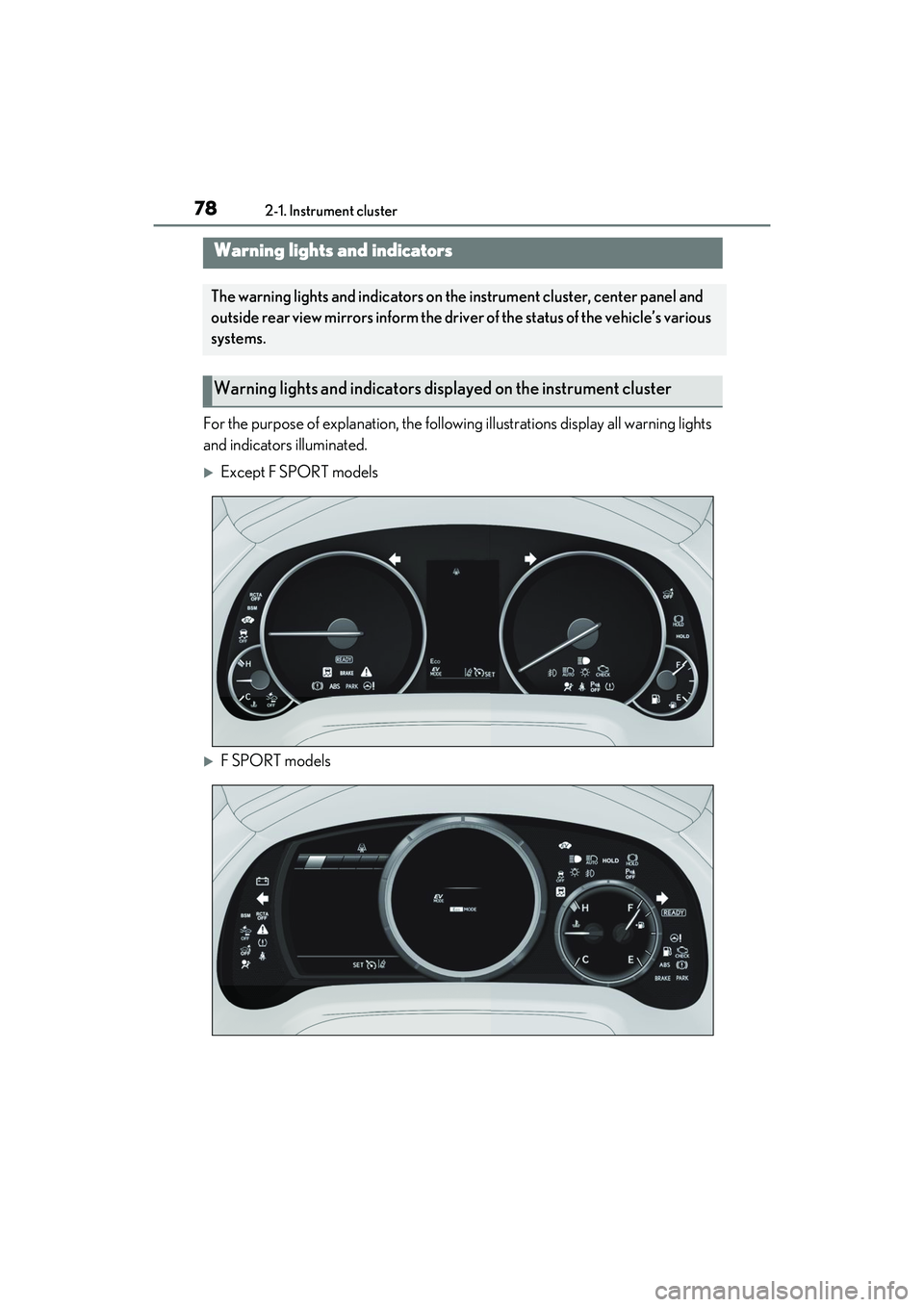 LEXUS RX450h 2022 Owners Guide 782-1. Instrument cluster
2-1.Instrument cluster
For the purpose of explanation, the following illustrations display all warning lights 
and indicators illuminated.
Except F SPORT models
F SPORT
