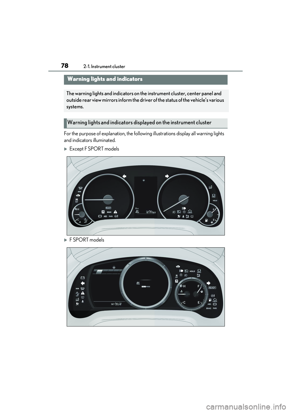 LEXUS RX450h 2022 Manual PDF 782-1. Instrument cluster
2-1.Instrument cluster
For the purpose of explanation, the following illustrations display all warning lights
and indicators illuminated.
Except F SPORT models
F SPORT LEXUS RX450h 2022 Manual PDF 782-1. Instrument cluster
2-1.Instrument cluster
For the purpose of explanation, the following illustrations display all warning lights
and indicators illuminated.
Except F SPORT models
F SPORT
