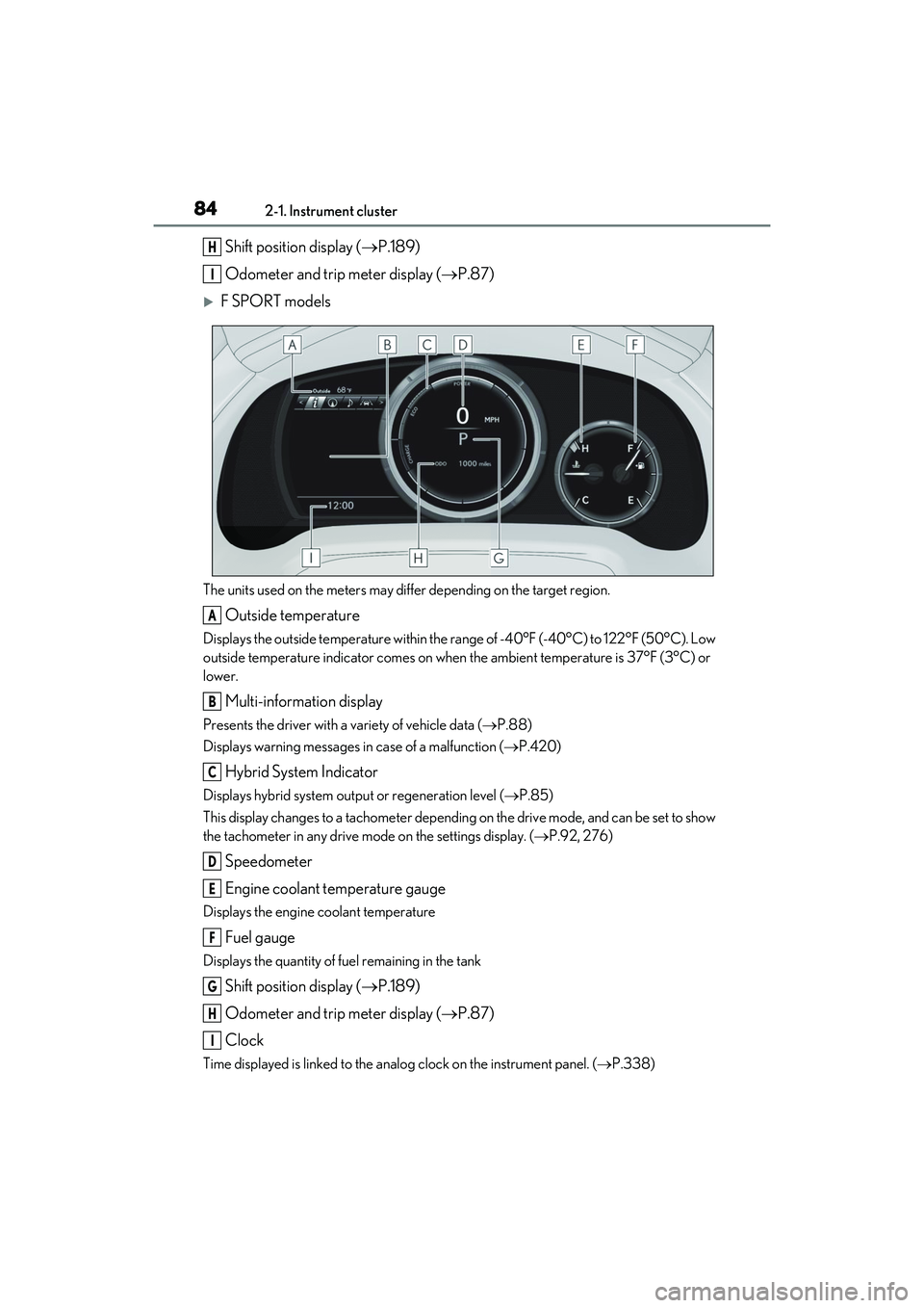LEXUS RX450h 2022 Owners Manual 842-1. Instrument cluster
Shift position display (P.189)
Odometer and trip meter display ( P.87)
F SPORT models
The units used on the meters may differ depending on the target region.
Outside LEXUS RX450h 2022 Owners Manual 842-1. Instrument cluster
Shift position display (P.189)
Odometer and trip meter display ( P.87)
F SPORT models
The units used on the meters may differ depending on the target region.
Outside
