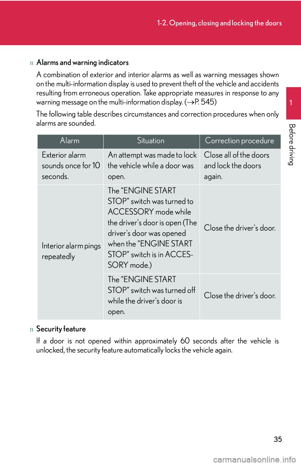 LEXUS RX350 2011  Owners Manual 35
1-2. Opening, closing and locking the doors
1

Before driving
nAlarms and warning indicators
A combination of exterior and interior alarms as well as warning messages shown
on the multi-information