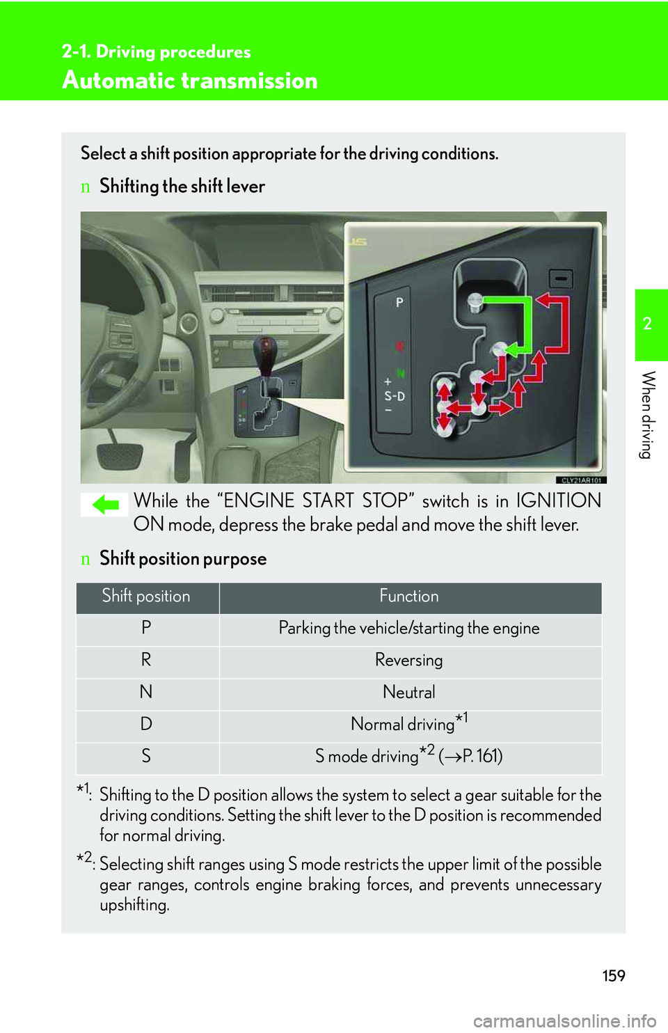 LEXUS RX350 2011 Owners Manual 159
2-1. Driving procedures
2
When driving
Automatic transmission
Select a shift position appropriate for the driving conditions.
nShifting the shift lever
While the “ENGINE START STOP” switch is LEXUS RX350 2011 Owners Manual 159
2-1. Driving procedures
2
When driving
Automatic transmission
Select a shift position appropriate for the driving conditions.
nShifting the shift lever
While the “ENGINE START STOP” switch is