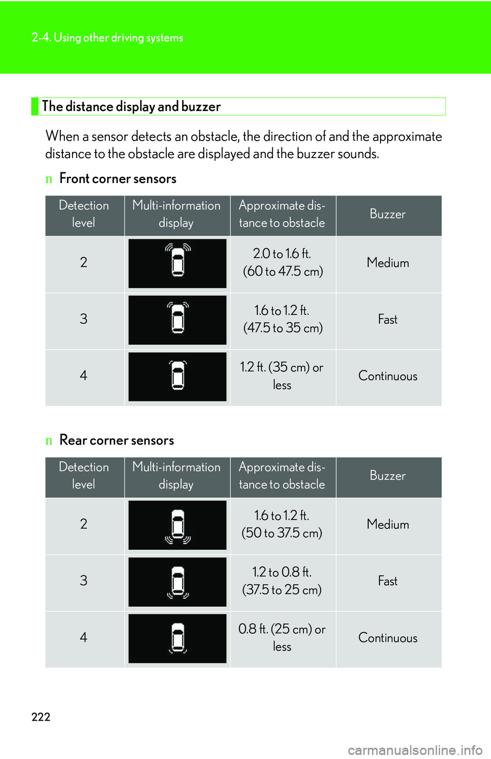 LEXUS RX350 2011 Owners Guide 222
2-4. Using other driving systems
The distance display and buzzer
When a sensor detects an obstacle, the direction of and the approximate
distance to the obstacle are displayed and the buzzer sound