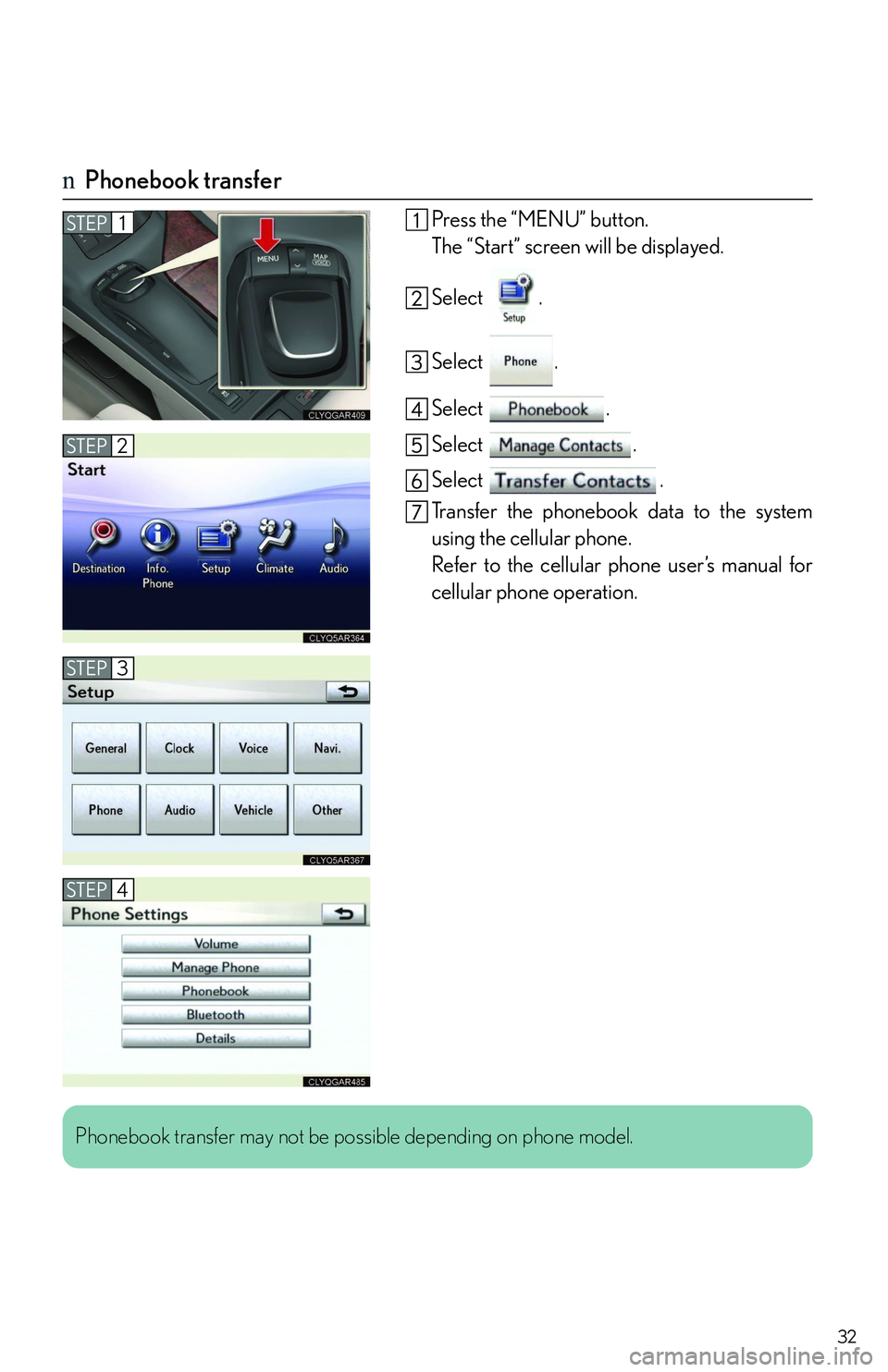 LEXUS RX350 2011 Owners Guide 32
nPhonebook transfer
Press the “MENU” button.
The “Start” screen will be displayed.
Select .
Select .
Select .
Select .
Select .
Transfer the phonebook data to the system
using the cellular 