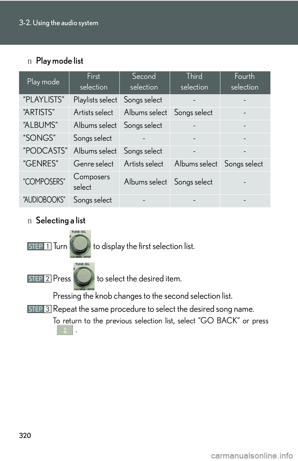 LEXUS RX350 2011  Owners Manual 320
3-2. Using the audio system
nPlay mode list
nSelecting a list
Turn   to display the first selection list.
Press   to select the desired item.
Pressing the knob changes to the second selection list