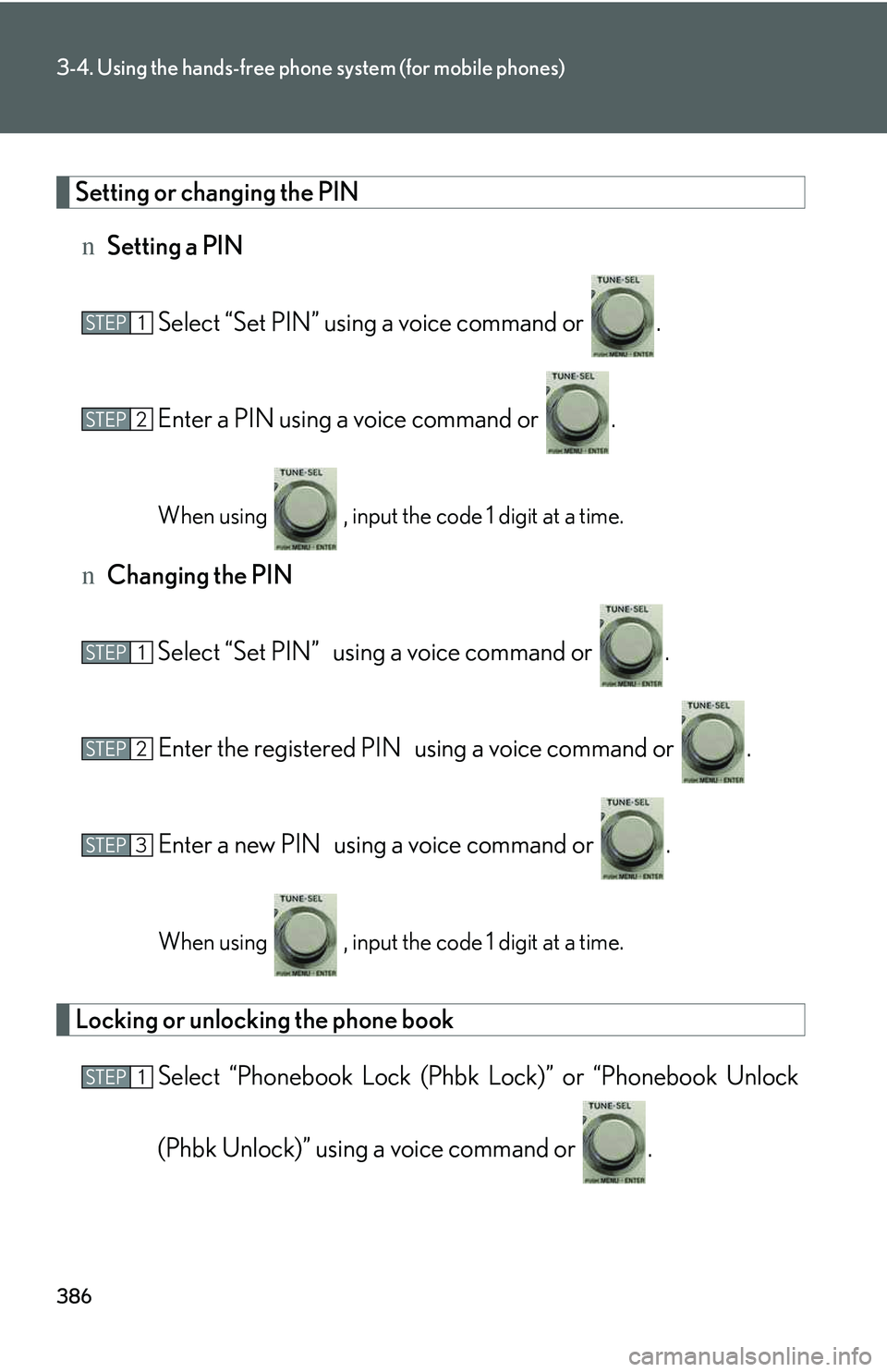 LEXUS RX350 2011  Owners Manual 386
3-4. Using the hands-free phone system (for mobile phones)
Setting or changing the PIN
nSetting a PIN
Select “Set PIN” using a voice command or  .
Enter a PIN using a voice command or  .
When 