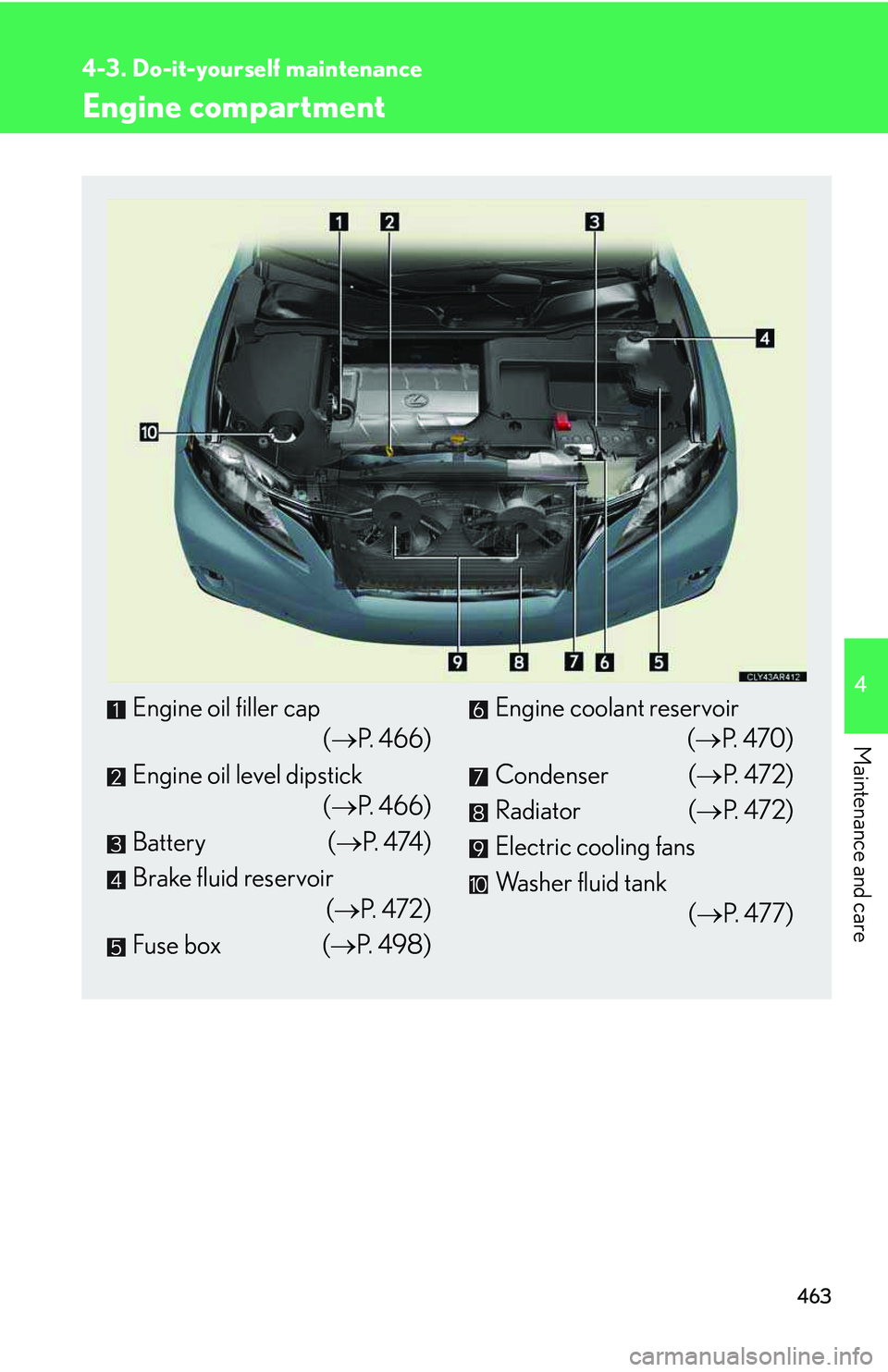 LEXUS RX350 2011  Owners Manual 463
4-3. Do-it-yourself maintenance
4

Maintenance and care
Engine compartment
Engine oil filler cap
(�→P. 466)
Engine oil level dipstick
(�→P. 466)
Battery (�→P.  4 74 )
Brake fluid reservoir
(