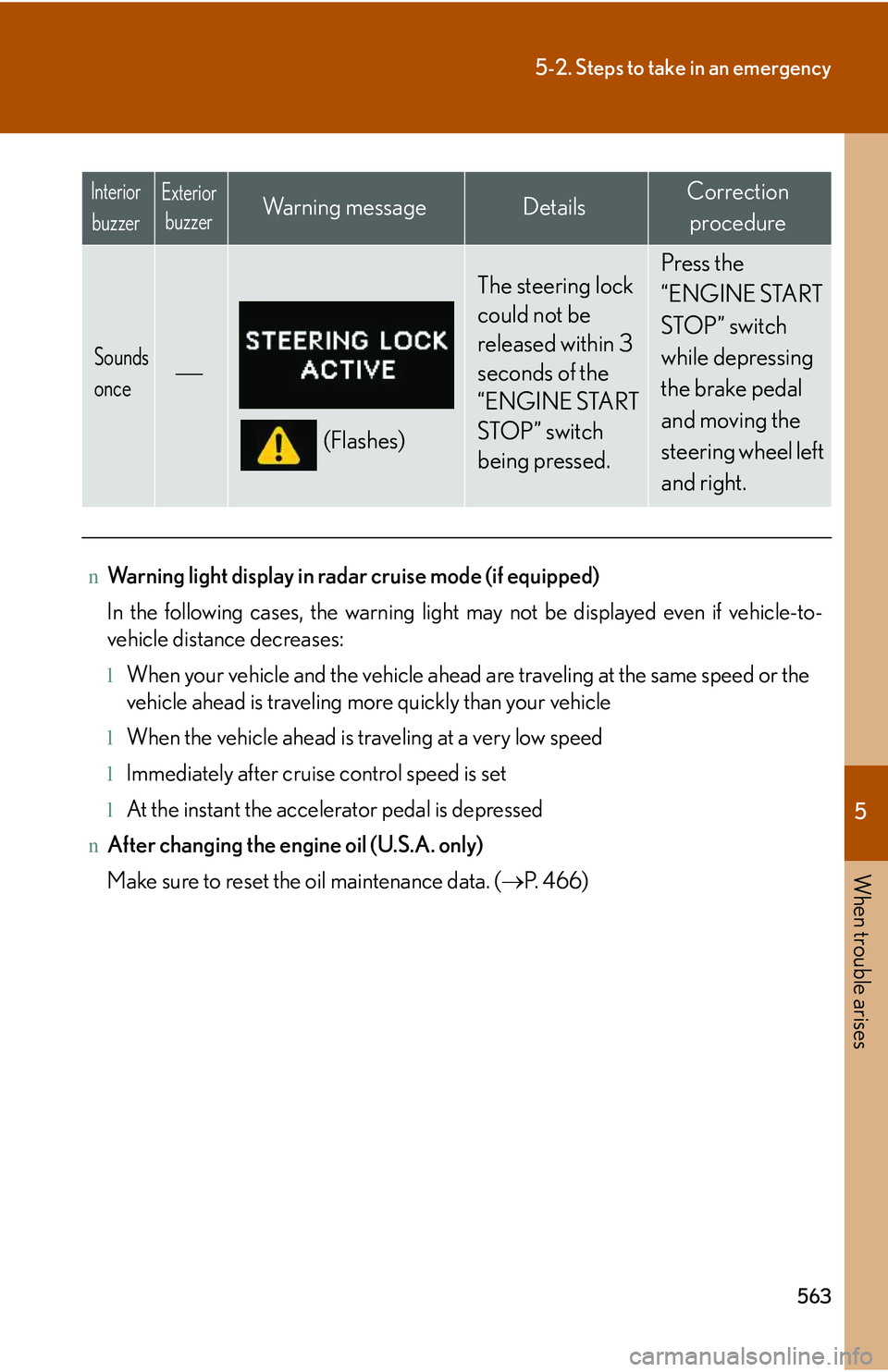 LEXUS RX350 2011  Owners Manual 5

When trouble arises
563
5-2. Steps to take in an emergency
 Sounds 
once
�⎯
(Flashes)
The steering lock 
could not be 
released within 3 
seconds of the 
“ENGINE START 
STOP” switch 
being pr