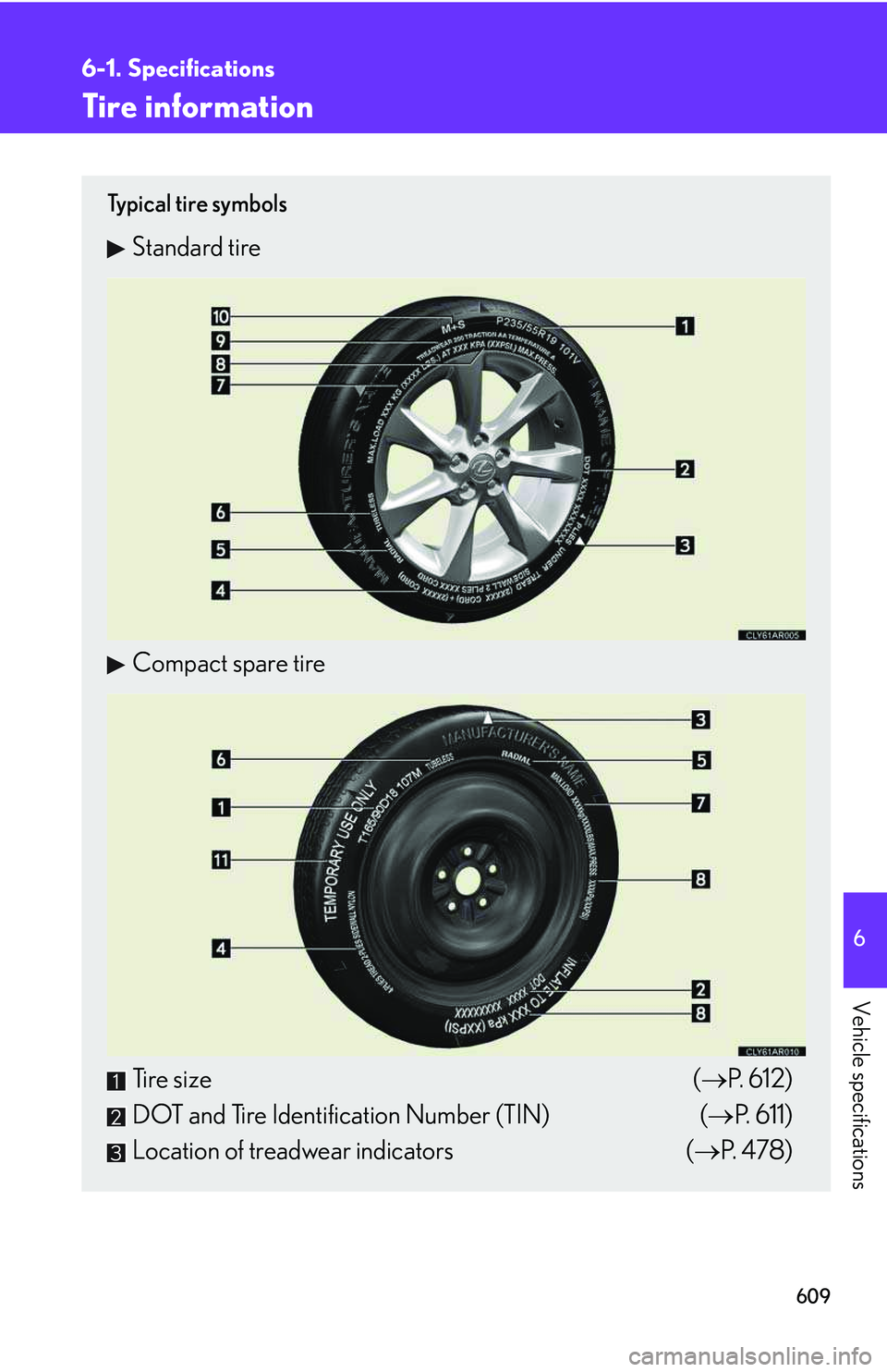LEXUS RX350 2011  Owners Manual 609
6-1. Specifications
6

Vehicle specifications
Tire information
Ty p i c a l  t i r e  s y m b o l s
Standard tire
Compact spare tire
Tire size(�→P. 612)
DOT and Tire Identification Number (TIN)(