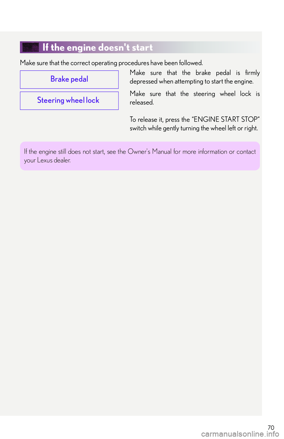 LEXUS RX350 2011 Owners Manual 70
If the engine doesnt start
Make sure that the correct operating procedures have been followed.
Make sure that the brake pedal is firmly
depressed when attempting to start the engine.
Make sure tha LEXUS RX350 2011 Owners Manual 70
If the engine doesnt start
Make sure that the correct operating procedures have been followed.
Make sure that the brake pedal is firmly
depressed when attempting to start the engine.
Make sure tha