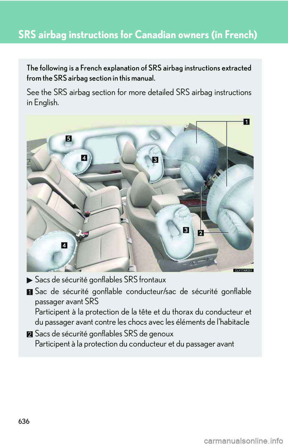 LEXUS RX350 2011  Owners Manual 636
SRS airbag instructions for Ca nadian owners (in French)
The following is a French explanation of SRS airbag instructions extracted
from the SRS airbag section in this manual.
See the SRS airbag s