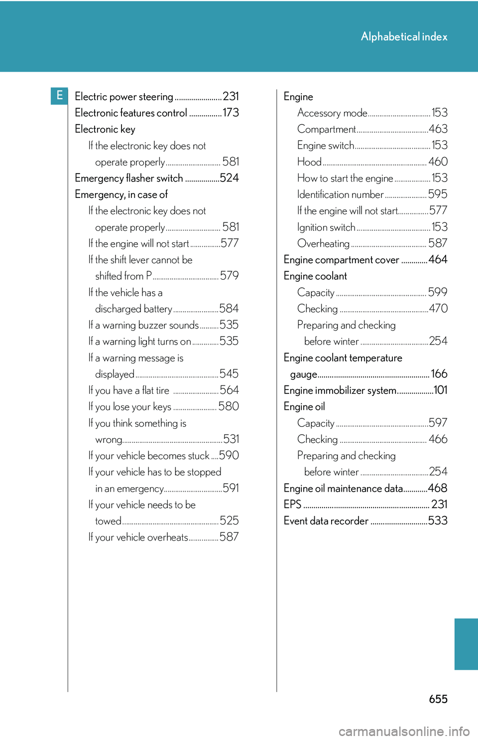 LEXUS RX350 2011  Owners Manual 655
Alphabetical index
Electric power steering ....................... 231
Electronic features control ................ 173
Electronic key
If the electronic key does not 
operate properly ............