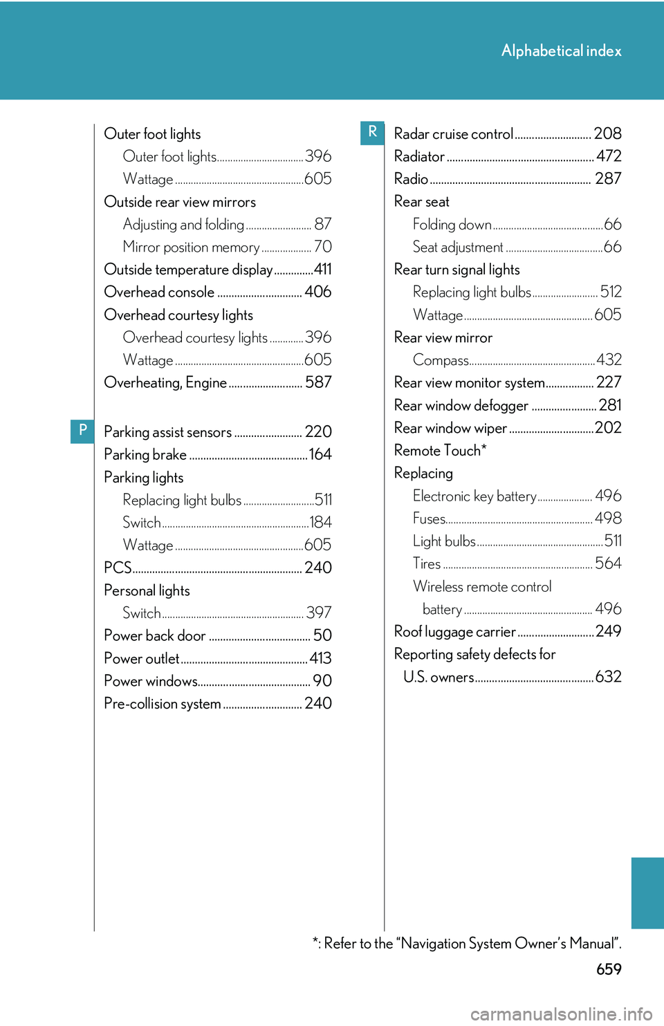 LEXUS RX350 2011  Owners Manual 659
Alphabetical index
Outer foot lights
Outer foot lights................................. 396
Wattage .................................................605
Outside rear view mirrors
Adjusting and fol