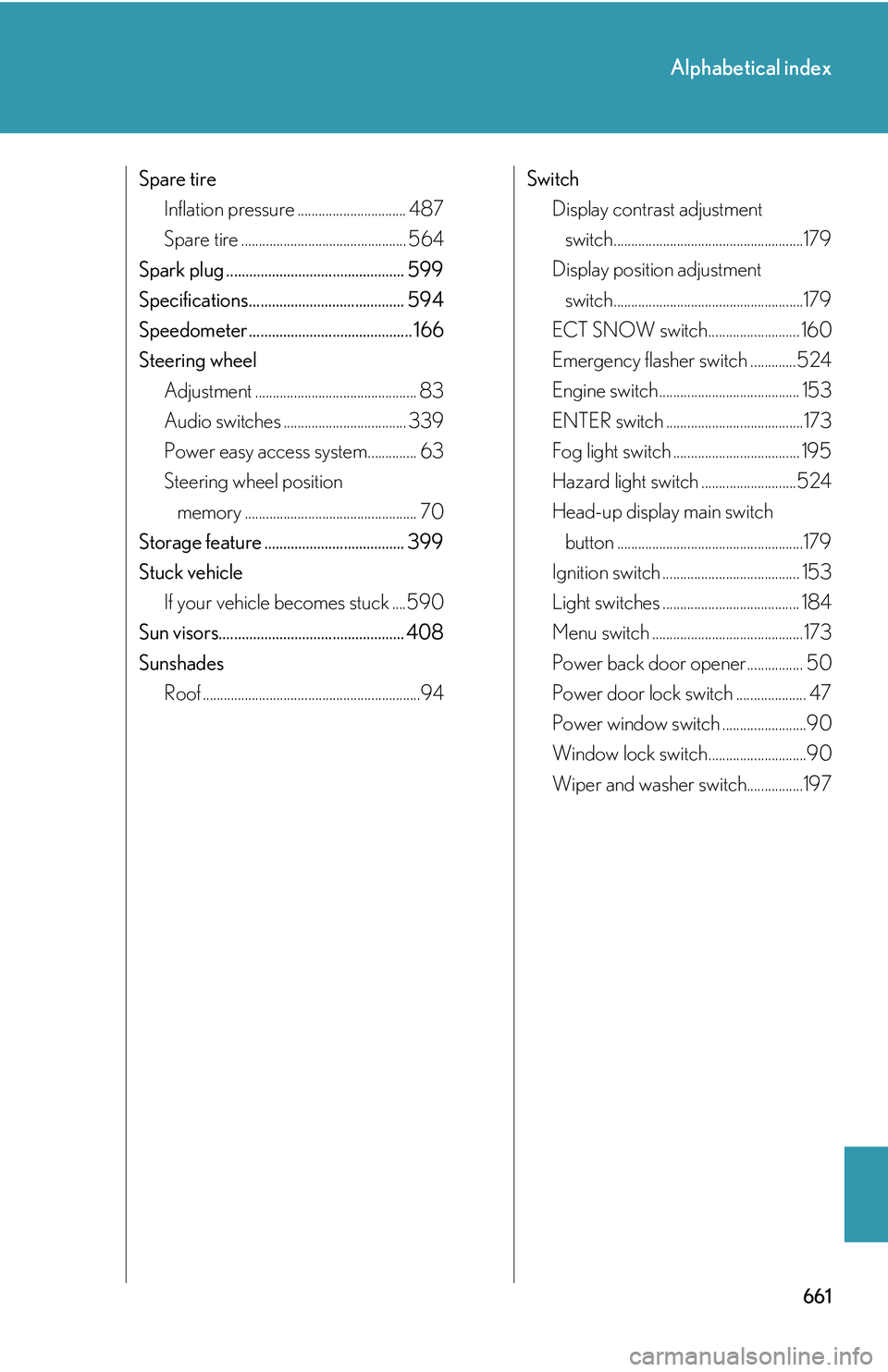 LEXUS RX350 2011  Owners Manual 661
Alphabetical index
Spare tire
Inflation pressure ............................... 487
Spare tire ............................................... 564
Spark plug .....................................
