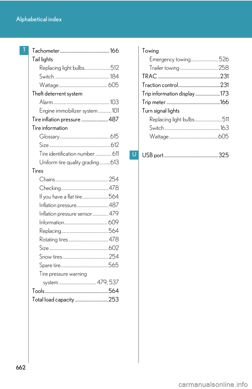 LEXUS RX350 2011  Owners Manual 662
Alphabetical index
Tachometer .............................................. 166
Tail lights
Replacing light bulbs..........................512
Switch .............................................