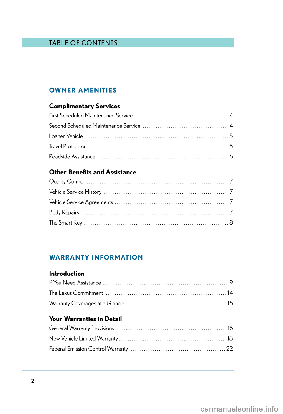 LEXUS RX350 2011  Owners Manual TABLE OF CONTENTS
OWNER AMENITIES
Complimentary Services
First Scheduled Maintenance Service . . . . . . . . . . . . . . . . . . . . . . . . . . . . . . . . . . . . . . . . . . . . 4
Second Scheduled 