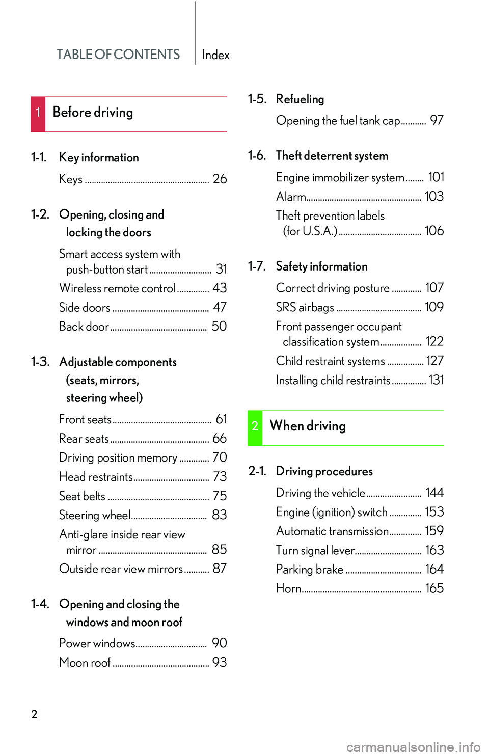 LEXUS RX350 2011 Owners Manual TABLE OF CONTENTSIndex
2
1-1.Key information
Keys ...................................................... 26
1-2. Opening, closing and
locking the doors
Smart access system with
push-button start .. LEXUS RX350 2011 Owners Manual TABLE OF CONTENTSIndex
2
1-1.Key information
Keys ...................................................... 26
1-2. Opening, closing and
locking the doors
Smart access system with
push-button start ..