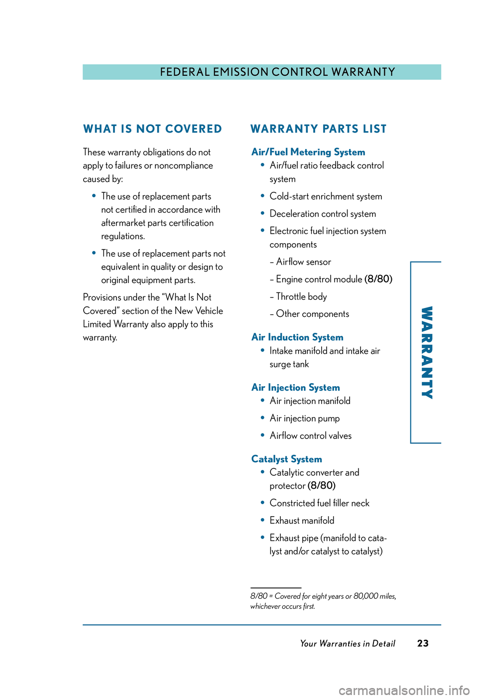 LEXUS RX350 2011  Owners Manual These warranty obligations do not
apply to failures or noncompliance
caused by: 
•The use of replacement parts 
not certified in accordance with
aftermarket parts certification
regulations.
•The u