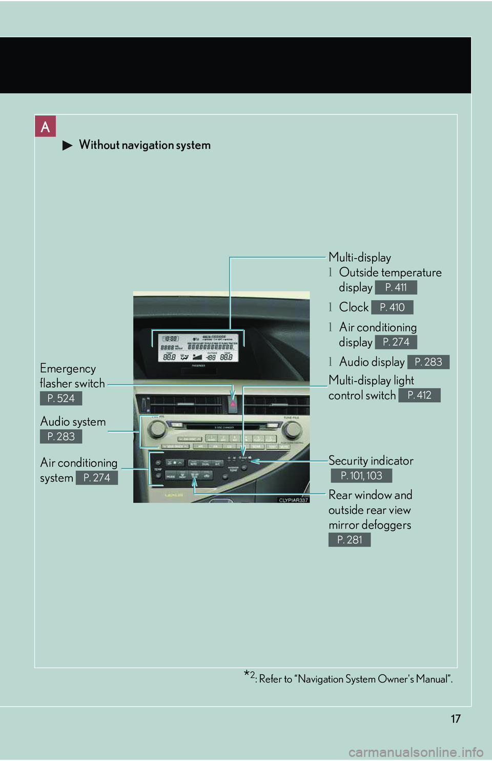 LEXUS RX350 2011  Owners Manual 17
A
 Without navigation system
Security indicator
 P. 101, 103
Audio system 
P. 283
Emergency 
flasher switch 
P. 524
Multi-display
lOutside temperature 
display 
lClock 
lAir conditioning 
display 
