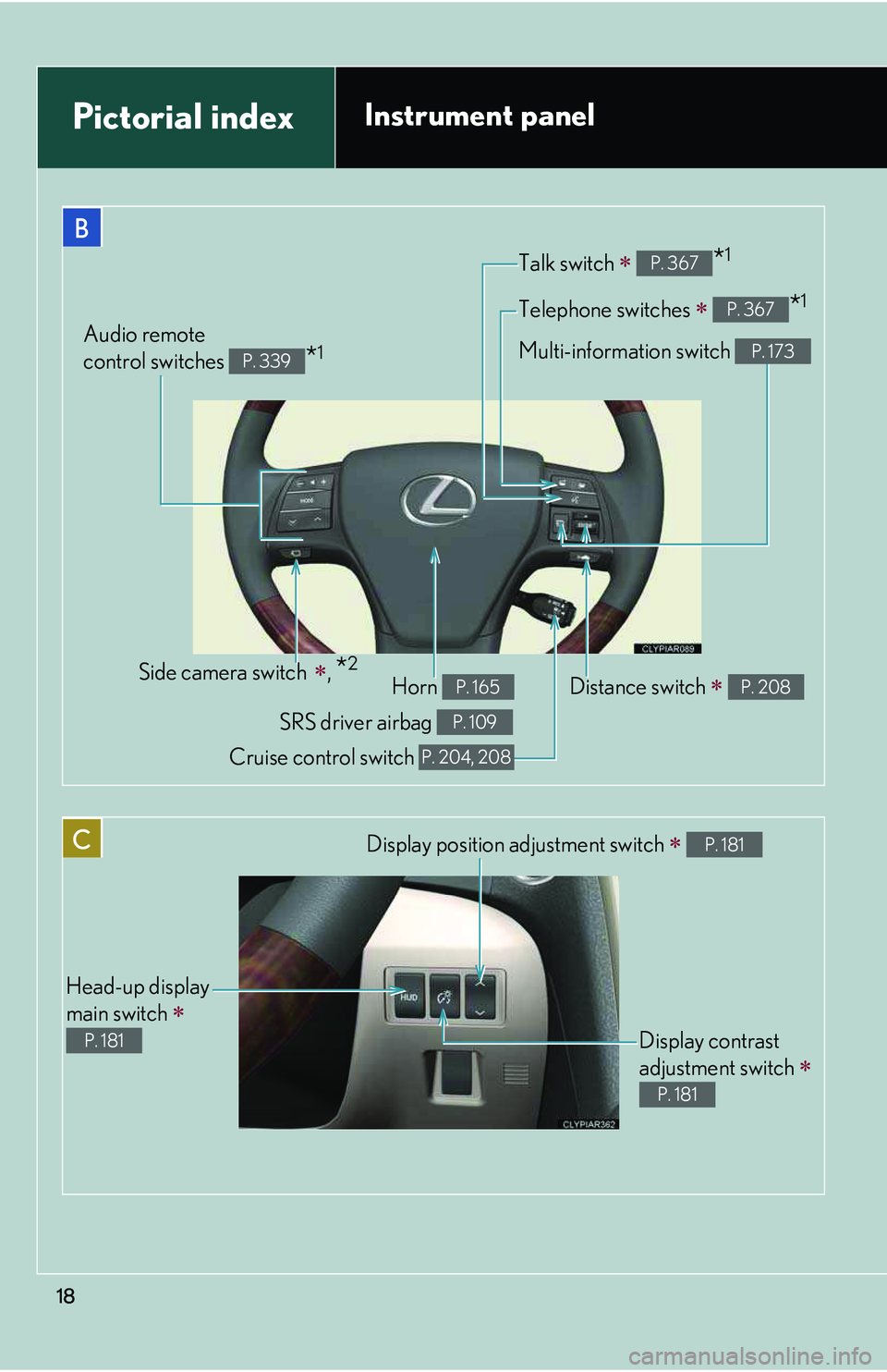 LEXUS RX350 2011  Owners Manual 18
B
Telephone switches �∗ *1P. 367
Talk switch �∗ *1P. 367
Multi-information switch P. 173Audio remote 
control switches *1P. 339
C
Head-up display 
main switch �∗ 
P. 181
Display position adju