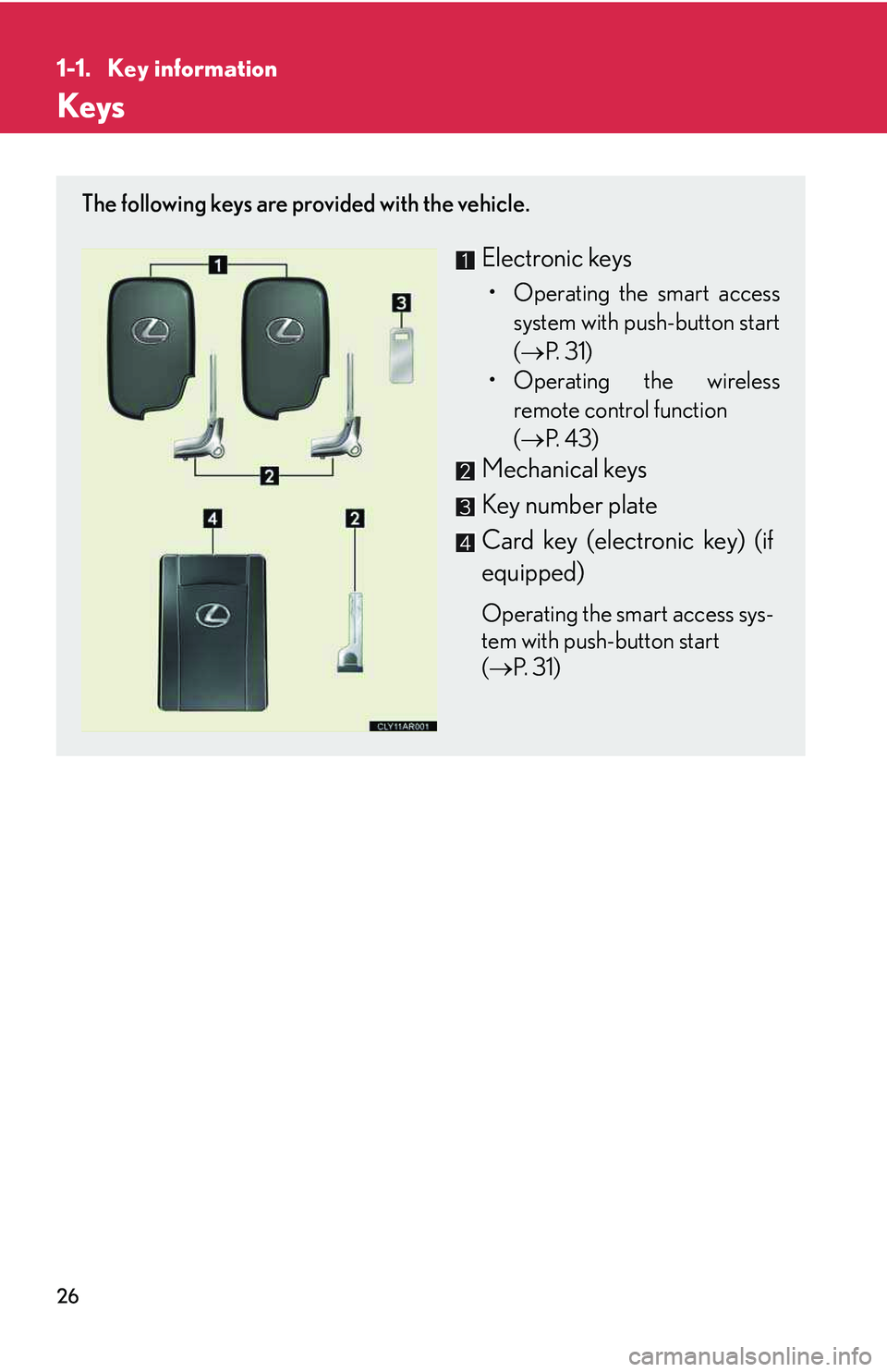 LEXUS RX350 2011  Owners Manual 26
1-1. Key information
Keys
The following keys are provided with the vehicle.
Electronic keys

