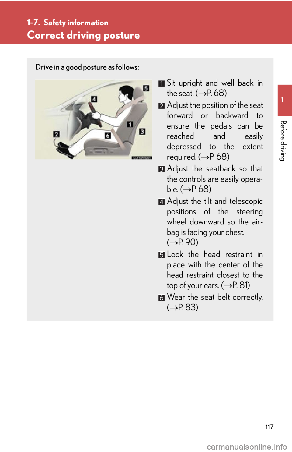 LEXUS RX350 2015  Owners Manual 1171
Before driving 1-7. Safety information
Correct driving posture Drive in a good posture as follows:
Sit upright and well back in
the seat. (  P.  6 8 )
Adjust the position of the seat
forward o