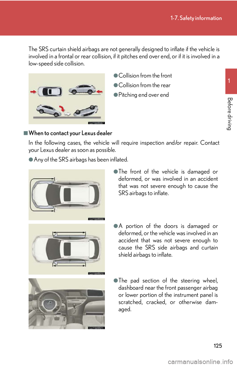 LEXUS RX350 2015 Owners Manual 1251-7. Safety information
1
Before driving The SRS curtain shield airbags are not generally designed to inflate if the vehicle is
involved in a frontal or rear collision, if it pi tches end over end, LEXUS RX350 2015 Owners Manual 1251-7. Safety information
1
Before driving The SRS curtain shield airbags are not generally designed to inflate if the vehicle is
involved in a frontal or rear collision, if it pi tches end over end,