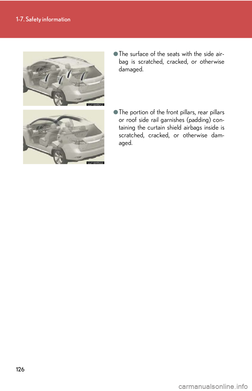 LEXUS RX350 2015 Owners Manual 1261-7. Safety information
●
The surface of the seats with the side air-
bag is scratched, cracked, or otherwise
damaged.
●
The portion of the front pillars, rear pillars
or roof side rail garnish LEXUS RX350 2015 Owners Manual 1261-7. Safety information
●
The surface of the seats with the side air-
bag is scratched, cracked, or otherwise
damaged.
●
The portion of the front pillars, rear pillars
or roof side rail garnish