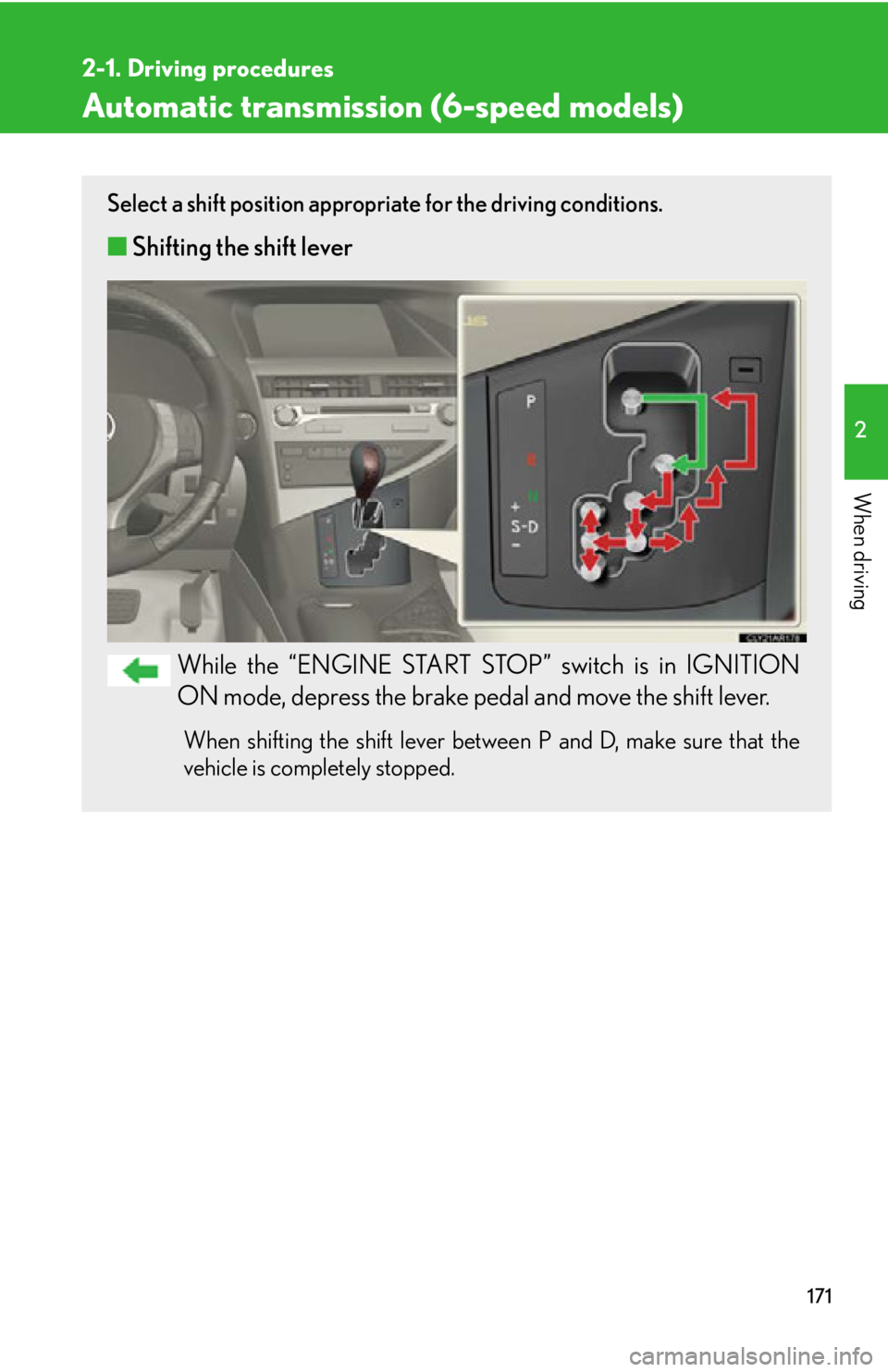 LEXUS RX350 2015  Owners Manual 1712-1. Driving procedures
2
When driving Automatic transmission (6-speed models) Select a shift position appropriate for the driving conditions.
■ Shifting the shift lever
While the “ENGINE START