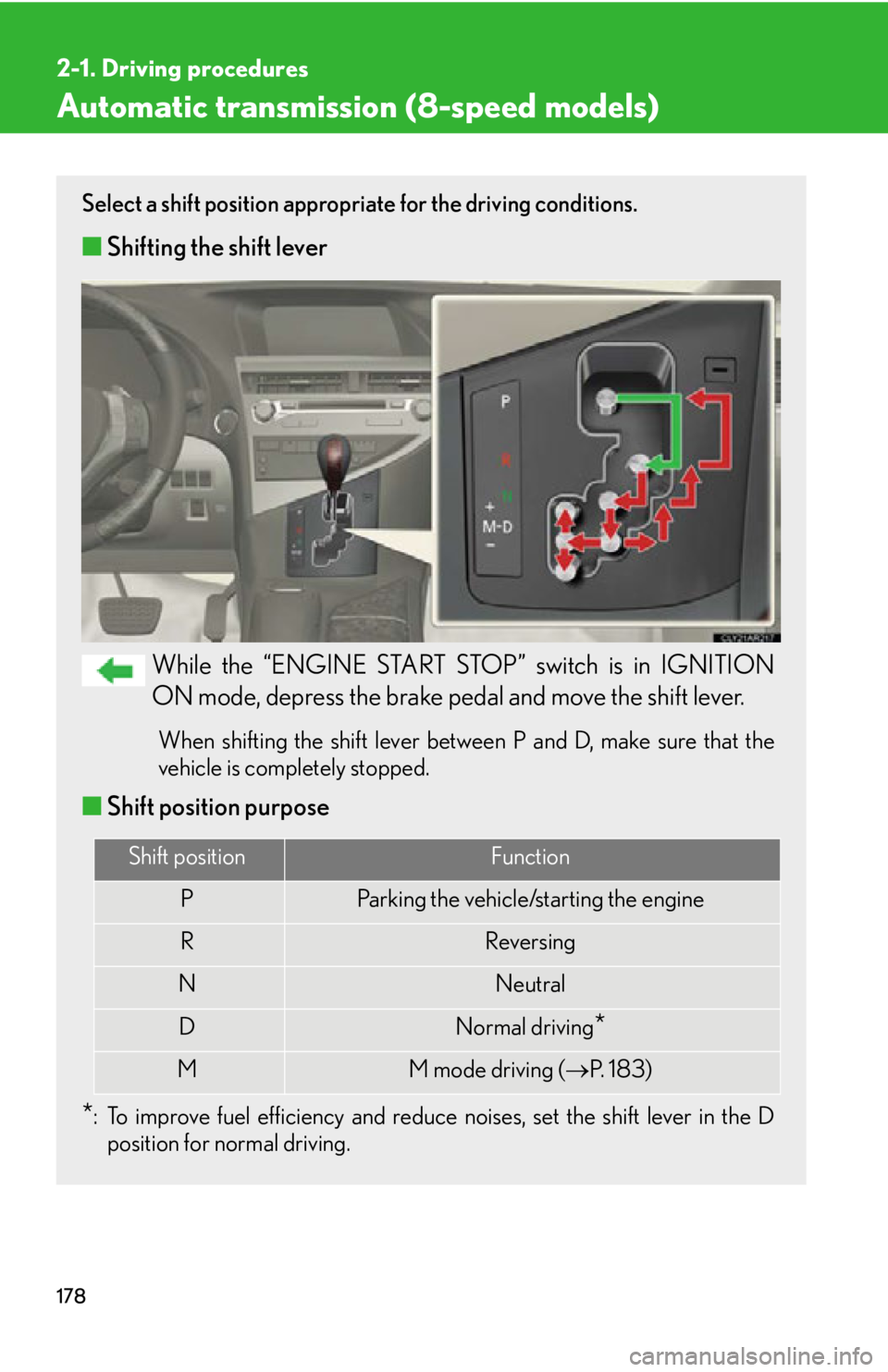 LEXUS RX350 2015  Owners Manual 1782-1. Driving procedures
Automatic transmission (8-speed models) Select a shift position appropriate for the driving conditions.
■ Shifting the shift lever
While the “ENGINE START STOP” switch
