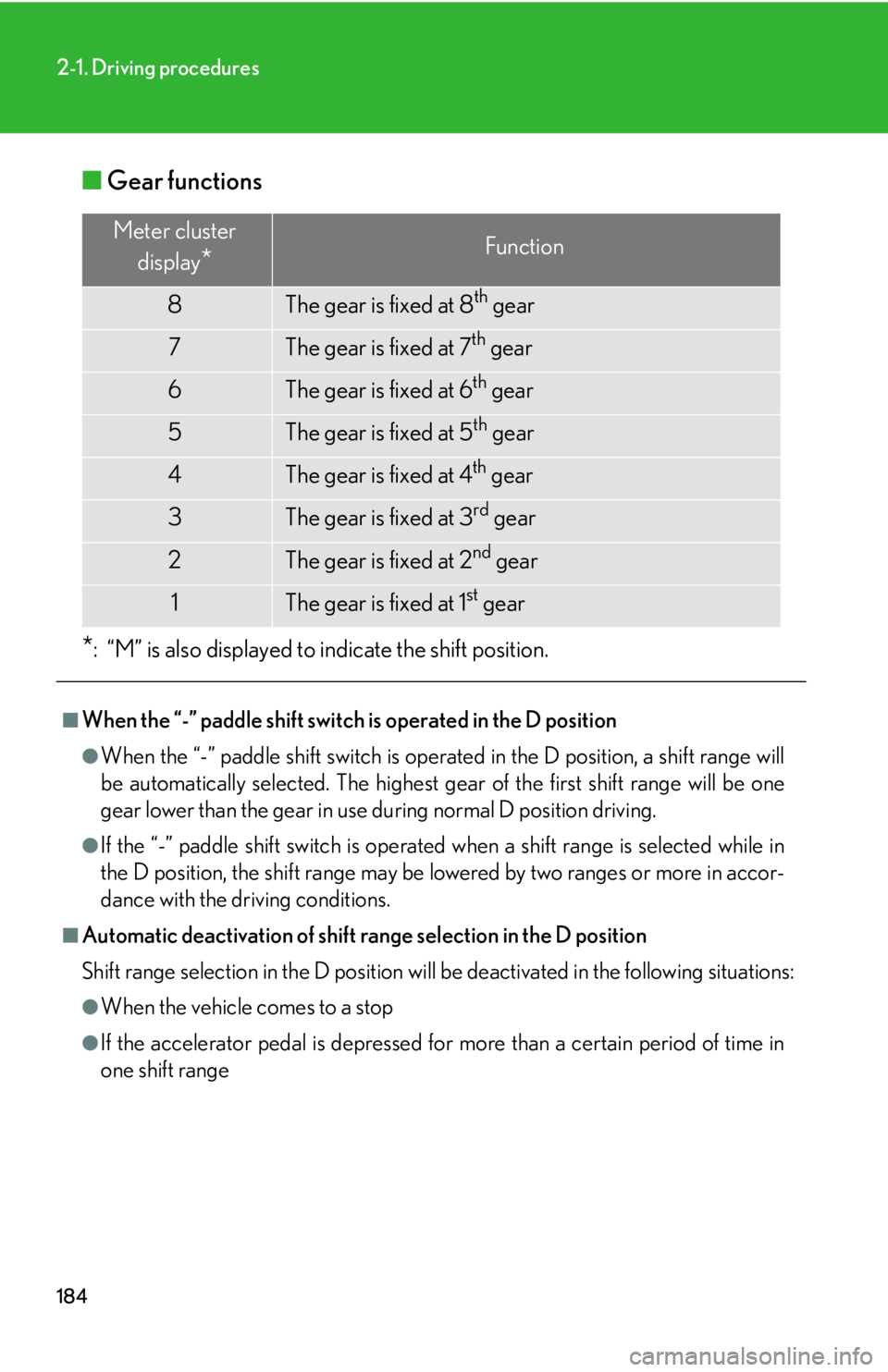 LEXUS RX350 2015  Owners Manual 1842-1. Driving procedures
■ Gear functions
* : “M” is also displayed to indicate the shift position.■
When the “-” paddle shift switch is operated in the D position ●
When the “-” p