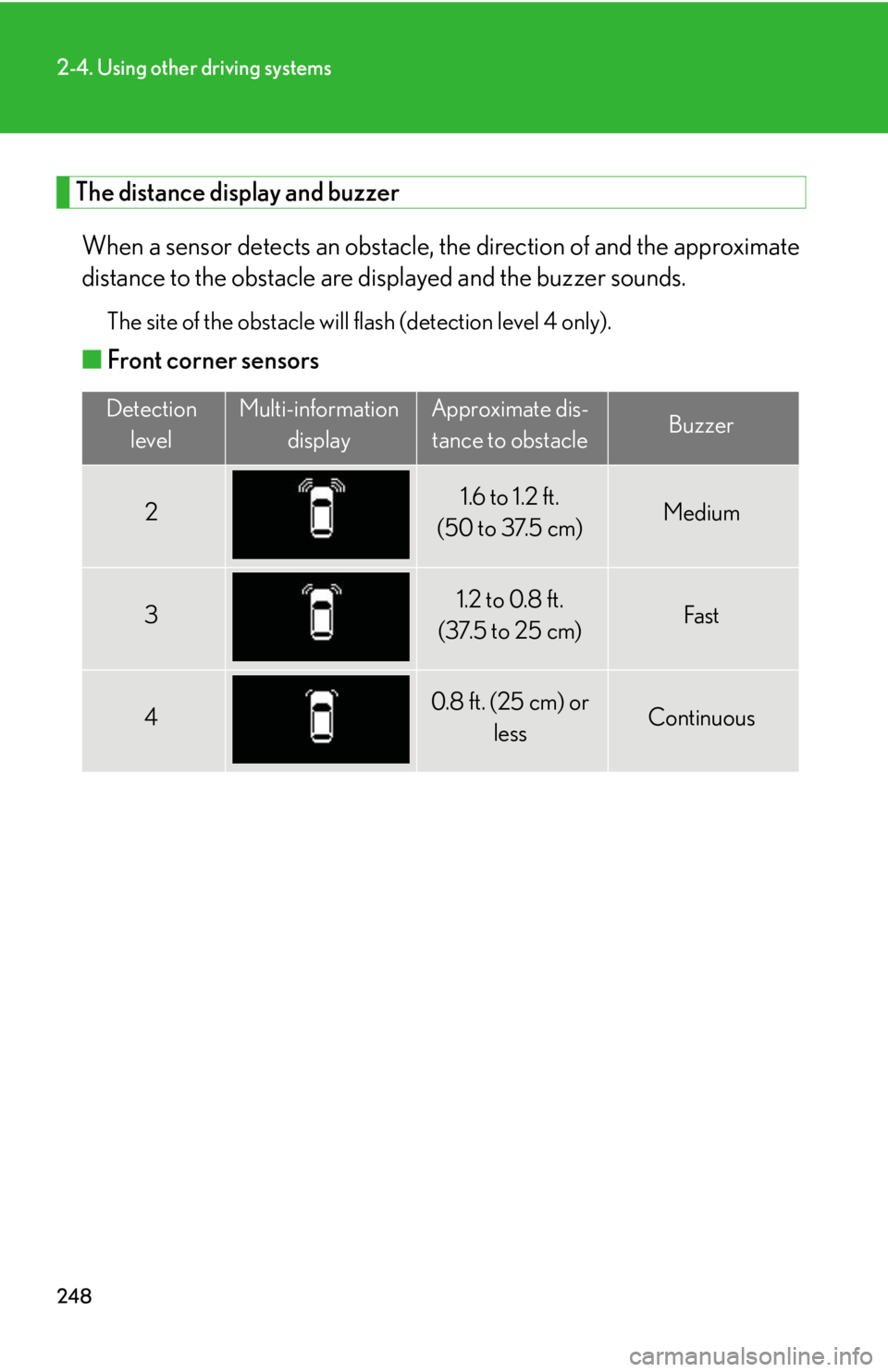 LEXUS RX350 2015  Owners Manual 2482-4. Using other driving systems
The distance display and buzzer
When a sensor detects an  obstacle, the direction  of and the approximate
distance to the obstacle are di splayed and the buzzer sou